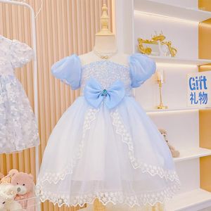 Etnische kleding Fairy Prinses Blauwe pailletten Jurk Bow Baby Girl 1e verjaardagsfeestje Ball Jurk trouwjurken