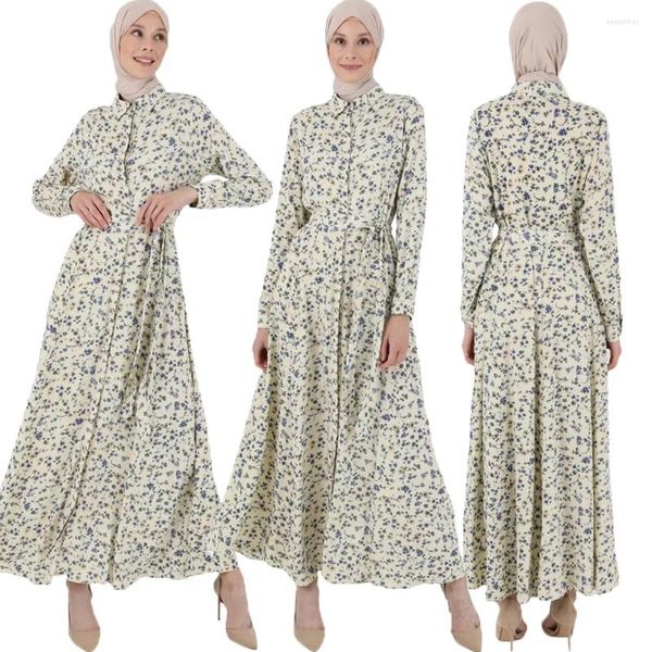 Vêtements ethniques Fashion Abaya Femmes Muslim Floral Imprimé maxi Robes Dubaï Kaftan Islamic Party Robe Shirt Long manche