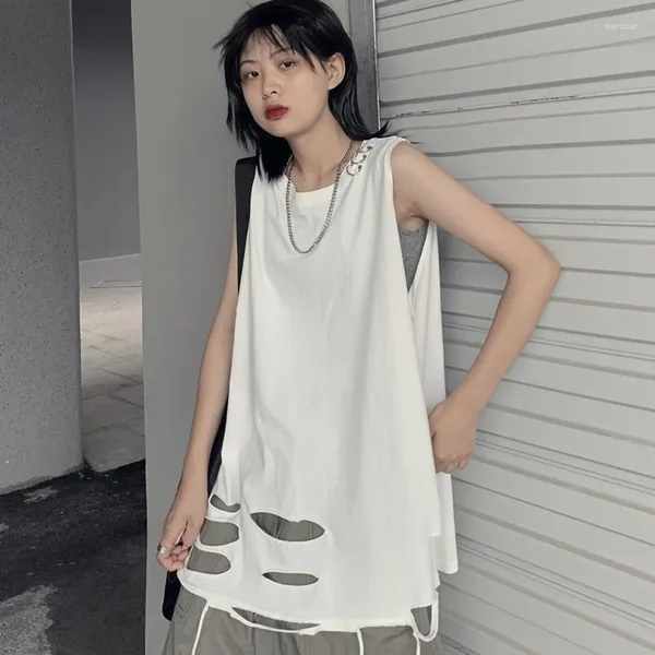 Vêtements ethniques Mode Asiatique Streetwear Déchiré Tees Chemise Sans Manches Ourlet Rond Étendu Long Trou Hipster Hip Hop Harakuju Tops Pour Homme