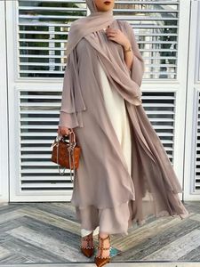 Etnische Kleding Mode Chiffon Abaya Kimono Dubai Moslim Vest Abaya Vrouwen Casual Gewaad Vrouwelijke Islam Kleding Met Riem F2664