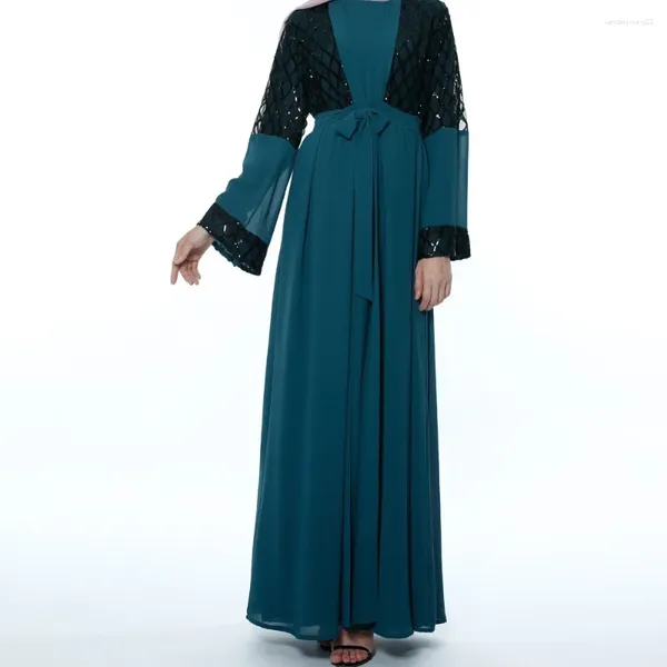 Vêtements ethniques Mode Cardigan en mousseline de soie Robe d'été Paillettes Patchwork Abaya pour femmes Dubaï Couverture extérieure Robes musulmanes Turquie Islam
