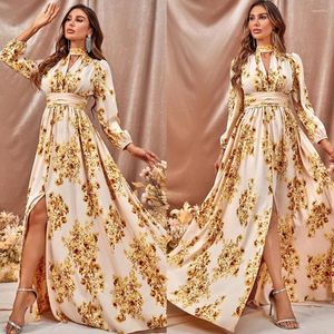 Etnische Kleding Mode Chiffon Jurk Lente Zomer Voor Vrouwen Lace Up Hollow Out Hoge Split Elegante Bloemenprint Feestvakantie vestidos