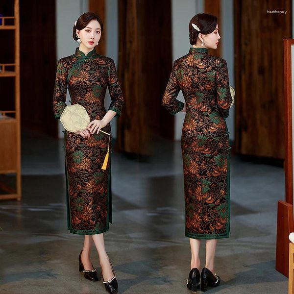 Ropa étnica Moda Estilo chino Mejorado Cheongsam Retro Mamá de mediana edad Vestido tradicional Estampado Flor Clásico Elegante Qipao Vestidos