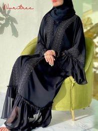 Vêtements ethniques Mode Djellaba Robe musulmane Dubaï Pleine longueur Manches évasées Dentelle douce Abaya Turquie Islam Robe avec ceinture WY1391