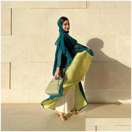 Etnische kleding Mode Dubai Chiffon Contrasterende kleur Open Abaya voor vrouwen Koeweit Arabisch Comfortabel Casual Marocain Islamitisch Drop Deli Dh5Js