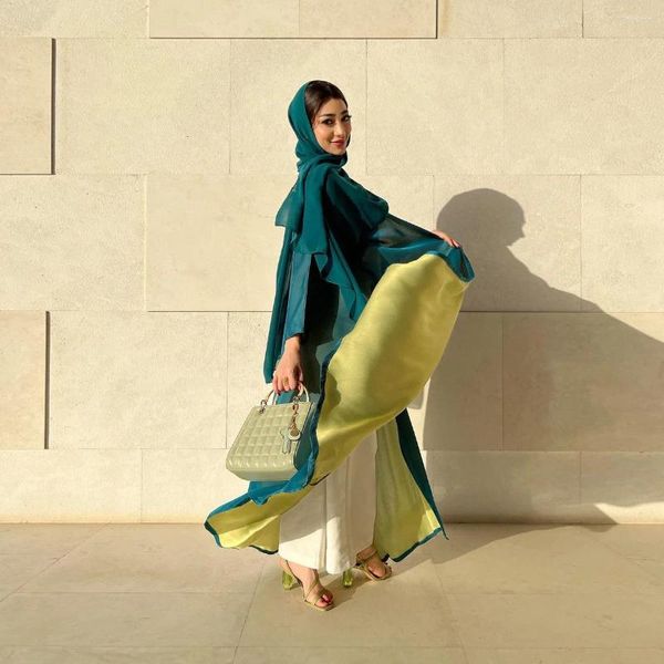 Ropa étnica Moda Dubai Gasa Contraste Color Abierto Abaya Para Mujer Kuwait Árabe Cómodo Casual Marocain Islámico