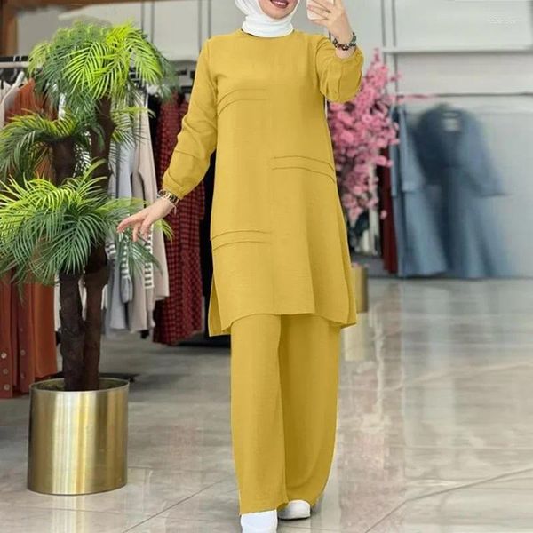 Vêtements ethniques Mode Elegance Abayas Sportswear 2PS Ensemble musulman Élégant Vintage Chemise à manches longues et pantalon ample à jambes larges Robe décontractée