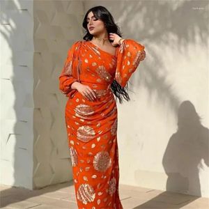 Etnische kleding mode bloemen goud stempelen sexy chiffon jurk Turkse Dubai luxe avondfeest elegante jurk met pofmouwen