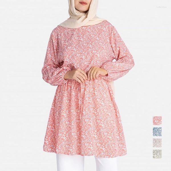 Ropa étnica Moda Floral Lace Up Vestido de manga larga Musulmanes Mujeres sueltas de longitud media O-cuello Tops Turquía Dubai Chemise Vestidos