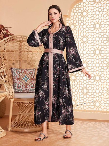 Vêtements ethniques mode imprimé floral Abayas Femmes Marocain Kaftan Dubai Turkey Robe Saudi Arabe Robe musulmane Eid Djellaba Femme