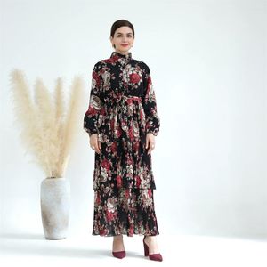 Vêtements ethniques Fashion Floral Print Mariffon Maxi Robe pour femmes Elegant Muslim Dubai Party Gown Abaya Ramadan Eid Jalabiya Kaftan Robe