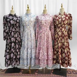 Vêtements ethniques Mode Floral Imprimer Chemise Maxi Robe Dubaï Turquie Abaya Femmes Musulman Kaftan Robe Arabe Islamique Jalabiya Moyen-Orient Robe