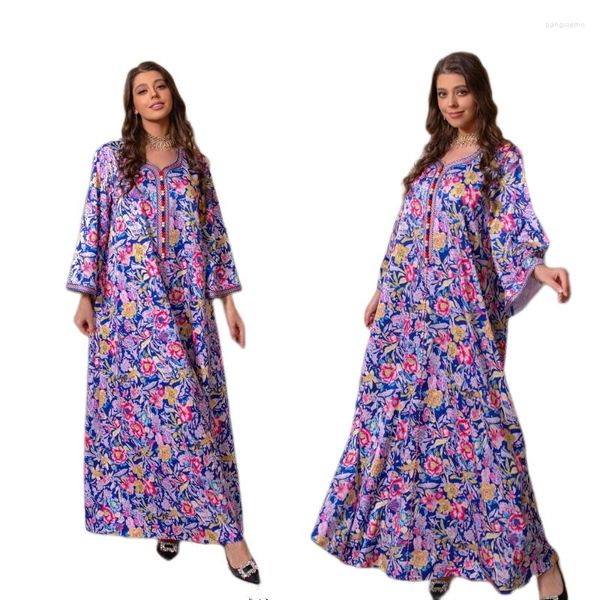 Ropa étnica Moda Flor Impreso Manga larga Abayas Elegante Musulmán Mujeres Fiesta Boda Maxi Vestido Kaftan Robe suelto Vestido de noche