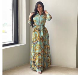 Ropa étnica moda francesa elegante elegante maxi para mujeres estampado retro musulmán dubai abaya solapa de manga larga vestida de manga