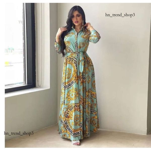 Ropa étnica Moda francesa elegante maxi vestidos para mujeres impresión retro musulmán Dubai Abaya solapa de un solo pecho vestido de camisa de manga larga 760