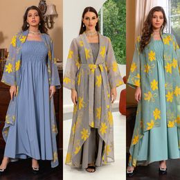 Ropa étnica Moda Gasa 2 piezas Conjuntos musulmanes Abaya Gris Sling Toda la temporada Dubai Vestido de lujo para mujeres Fiesta de noche