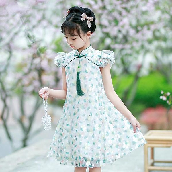 Ropa étnica Moda Niñas Hanfu Niño Bebé Ropa para niños Qipao Estilo chino Vintage Estampado verde Cheongsam