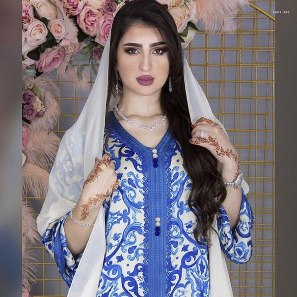 Vêtements ethniques mode Internet Sensation robe musulmane pour les femmes imprimé bleu Jalabiya dubaï Oman arabe col en V à manches longues islamique