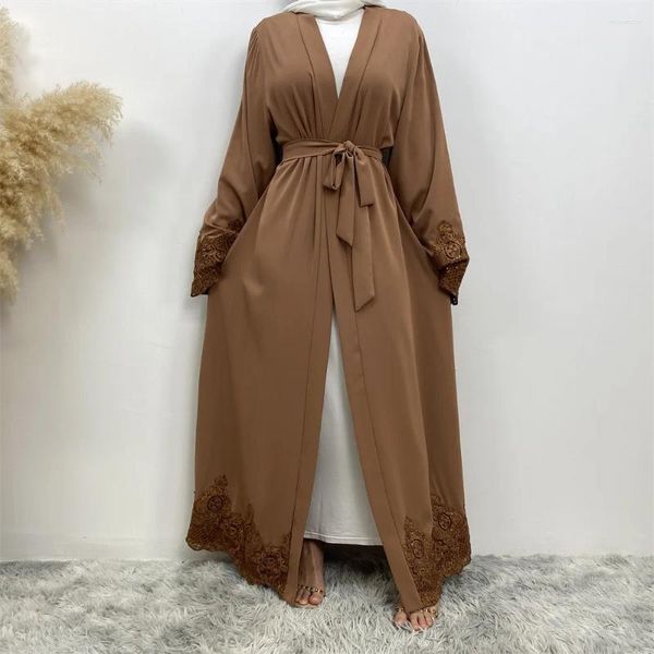 Ropa étnica Moda Encaje Bordado Musulmán Abierto Abaya Cardigan Kimono Maxi Vestido Turquía Árabe Kaftan Dubai Robe Islam Femme Jalabiya