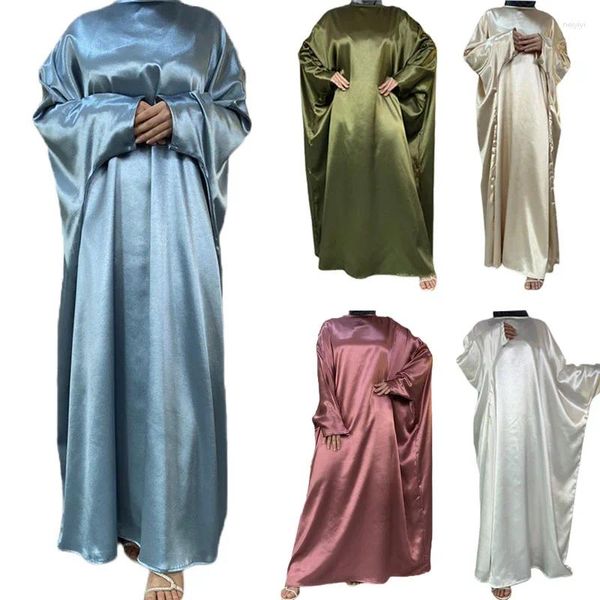 Ropa étnica Moda Manga larga Abaya Hijab Vestido de satén Mujeres Abayas Primavera Dubai Turquía Fiesta musulmana Maxi Sundress Robe Femme