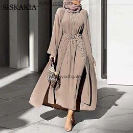 Etnische kleding mode Midden-Oosten Dubai moslim driedelig pak set effen jurk met lange mouwen kralen rok kimono abaya islamitische vrouwen