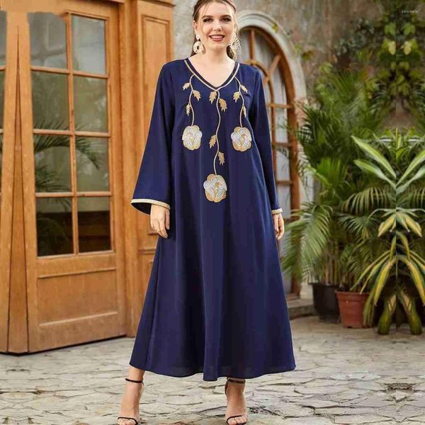 Vêtements ethniques Mode Musulman 2023 National Floral Brodé Cousu Manches Longues Col V Arabe Islam Turquie Morrocan Kaftan Robe