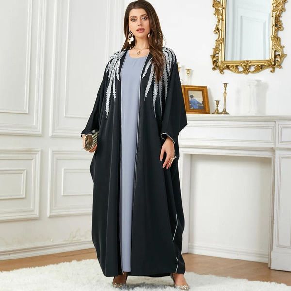 Vêtements ethniques mode musulman Dubaï Abaya pour femmes Dolman Sleeve broderie cardigan noir ouvert Islam vêtements hijab robe robe 3769