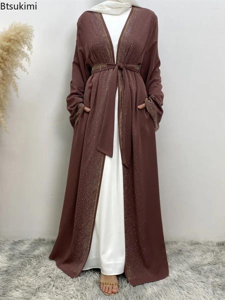 Vêtements ethniques mode musulmane ouverte Abaya pour femmes Diamants Diamants Lacet-Up Cardigan robes longues arabes Kaftan Robe Elegant Femme Musulman