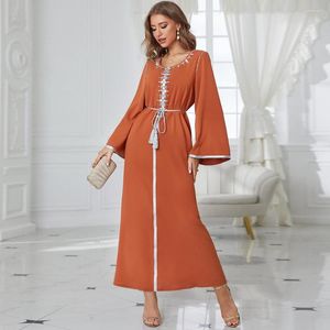 Etnische Kleding Mode Moslim Ramadan 2023 Vrouwen Diamant Maxi Jurk Oranje Lange Mouwen Losse Taille Abaya Reizen Dames Arabische Saudi Dubai
