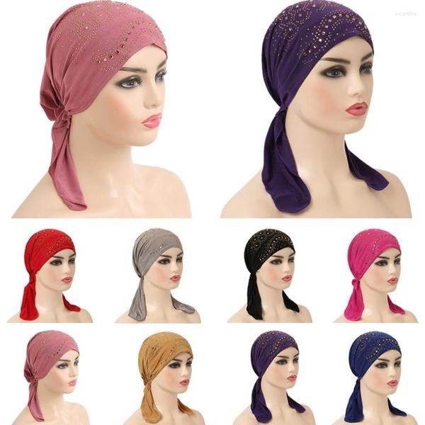 Ropa étnica moda musulmana mujeres hijab interior diamantes turbante estiramiento pérdida de cabello cabeza cubierta bufanda envoltura quimio gorra sombrero gorros