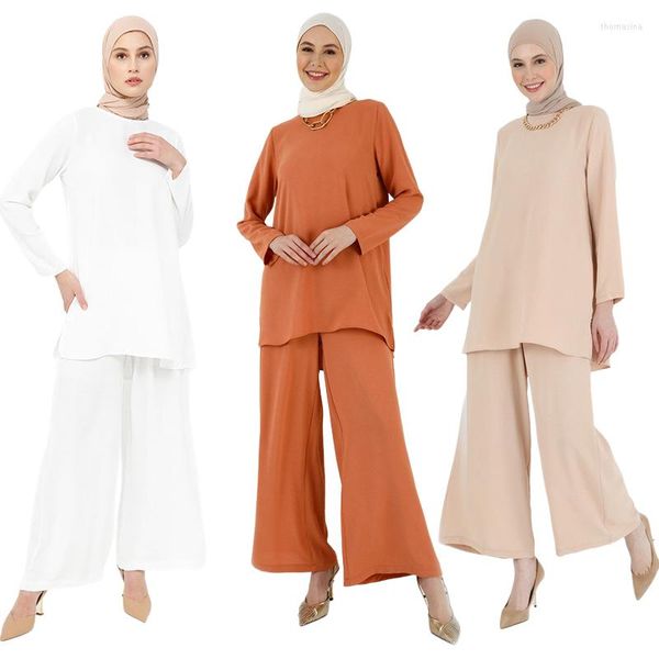 Ropa étnica Trajes de moda Eid musulmán Tops de manga larga Pantalones de pierna ancha Conjuntos para mujeres Sólido Abaya Dubai Árabe Trajes islámicos Turquía Kaftan