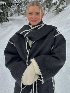 Vêtements ethniques Mode Patchwork Manteau avec écharpe Femmes 2023 Automne Hiver Veste de poche à manches longues Élégante Manteaux chauds à poitrine unique Lady