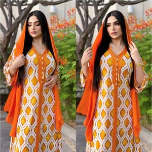 Etnische kleding mode printen dames kleden Arabisch losse lange mouwen jalabiya v nek elegante moslim ramadan feest maxi jurken echte pos