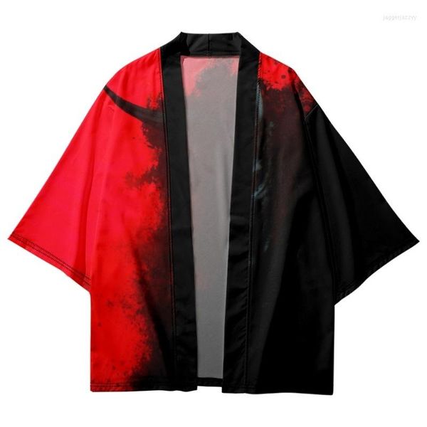 Ropa étnica Moda Rojo Negro Empalme Impreso Hombres Mujeres Kimono Beach Shorts Cardigan Japonés Yukata Harajuku Haori