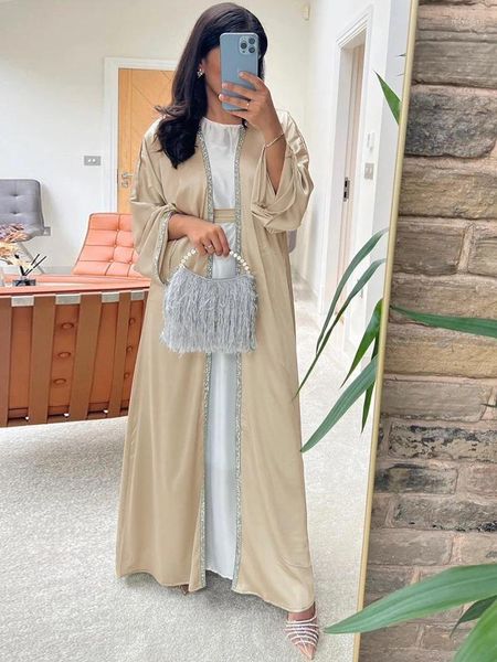 Vêtements ethniques mode satin élégant ceinturé ouvert kimono saoudie femme abayas soirée robe décontracté robe marocain arabe kaftan islam