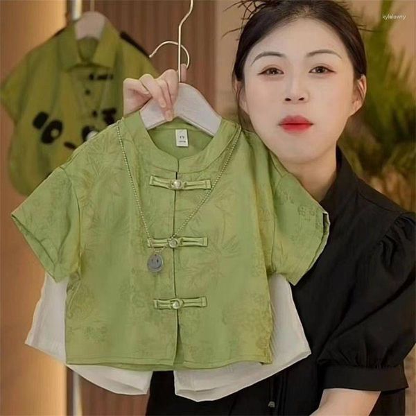 Vêtements ethniques mode Satin vert Jacquard à manches courtes Blouse Short Tang costume garçons enfants 2023 été décontracté anniversaire