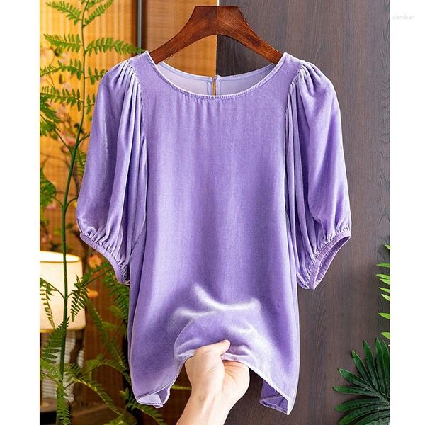 Ropa étnica Moda Seda Terciopelo Camisa Mujer 2023 Otoño Estilo chino Vintage O-cuello suelto Manga de burbuja Color Color Top S-XXL