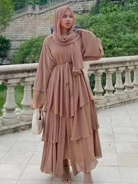 Vêtements ethniques Fashion Stitching Muslim Dress Femmes Tree-couches en mousseline de soie élégante Abaya Ramadan Cardigan Hijab Marocain Robe Scarf