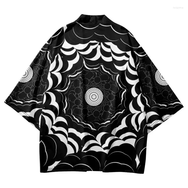 Ropa étnica Moda Streetwear Negro Blanco Impresión Haori Hombres Mujeres Cardigan Playa Yukata Ropa Asiática Japonés Cosplay Kimono Tallas grandes