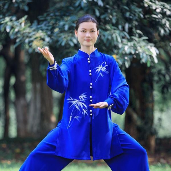 Ropa étnica Moda Tai Chi Uniforme Mujeres Hombres Artes Marciales Chino Tradicional Folk Royal Blue Traje Mañana Ropa deportiva 31743