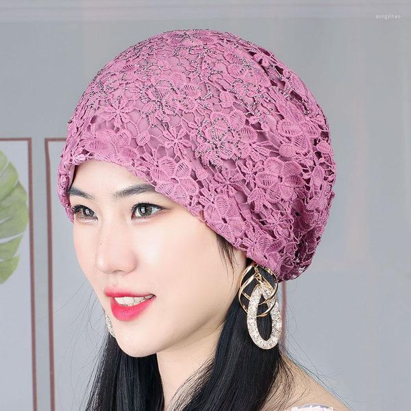 Ropa étnica Moda Mujeres Bordado Encaje Turbante Sombrero Musulmán Headwrap Cap Rhinestones Bonnet Hijab Femme Musulman Listo para usar interior