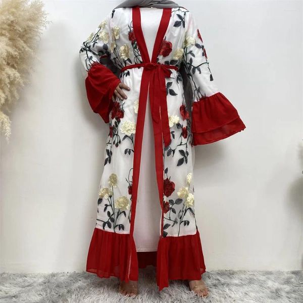 Vêtements ethniques Mode Femmes Flare Manches Kimono Cardigan Fleur Ouvert Abaya Dubaï Turquie Maxi Robe Islamique Robe Brodée Jalabiya