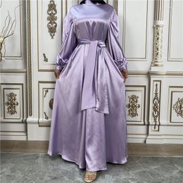 Etnische Kleding Mode Vrouwen Islamitische Satijn Moslim Jurk Hijab Arabisch Gesloten Abaya Dubai Ballon Mouw Met Lint Eid Ramadan Turks