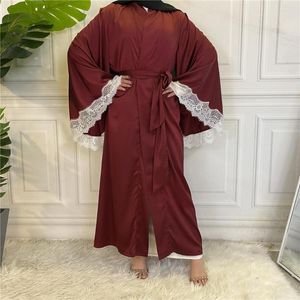 Vêtements ethniques Mode Femmes Dentelle Satin Kimono Caridgan Musulman Eid Mubarak Jalabiya Dubaï Ouvert Abaya Islamique Maxi Robe Robe Vestidos