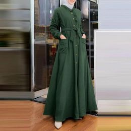Vêtements ethniques Fashion Femmes Femmes Maxi Robes d'automne à manches longues Solie Robe musulmane Dubaï Turquie Abaya Boutons lâches décontractés vers le bas Vestidos