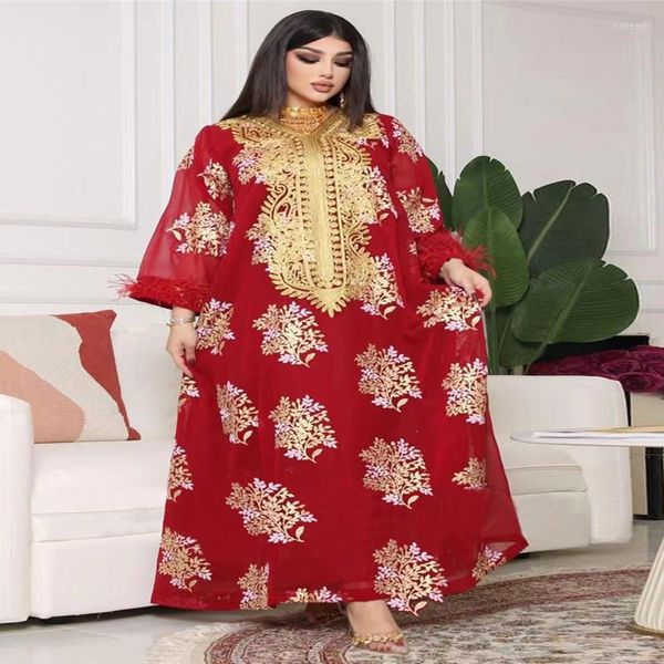 Vêtements ethniques Plume Jalabiya Imitation Lin Brodé Robe Arabe Femme Marocaine Jalaba Musulman Dubaï Saoudien Soirée Islamique