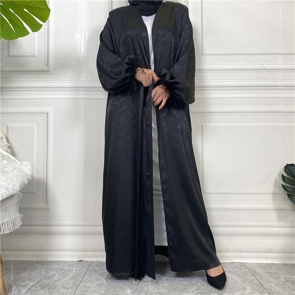 Ropa étnica Pluma Satén Eid Mubarak Abaya abierta Mujeres Musulmán Cardigan Maxi Vestidos Kimono Dubai Kaftan Árabe Islámico Ramadán Jilbab