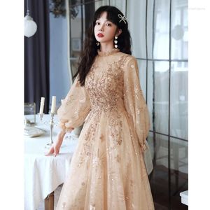 Ropa étnica Mujer Champagne Temperamento Banquete Vestido largo Anfitrión Elegante Señoras Reunión anual Noche XS-2XL