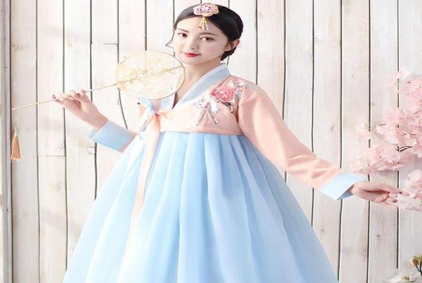 Ropa étnica Mujer Coreano Tradicional Vestido de Hada Mujeres Rendimiento Escenario Traje Mullido Multicolor Hanbok Folk Top Falda Conjuntos 8706743