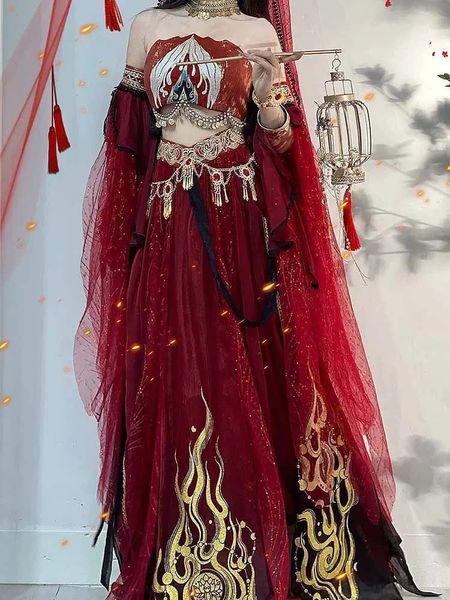 Festival de vêtements ethniques Costume de cosplay de princesse arabe Robe de danse du ventre indien Hanfu Rouge Set Party Halloween Coustume 231212